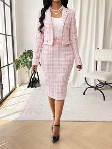 SHEIN Lady Women's Plaid Long Sleeve Jacket And Skirt Casual Daily 2 Pieces Set - Pink - View 1