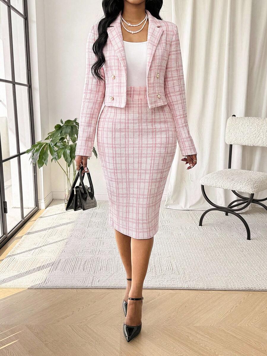 SHEIN Lady Women's Plaid Long Sleeve Jacket And Skirt Casual Daily 2 Pieces Set - Pink - View 1
