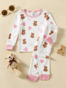 Baby Girl Snug Fit High Elasticity Knitted Ribbed Brushed Soft Comfortable Long Sleeve Heart Pink Bow Coffee Color Fuzzy Bear Top With Matching Full Length Pink Cuff Pants - Coral Pink - View 7