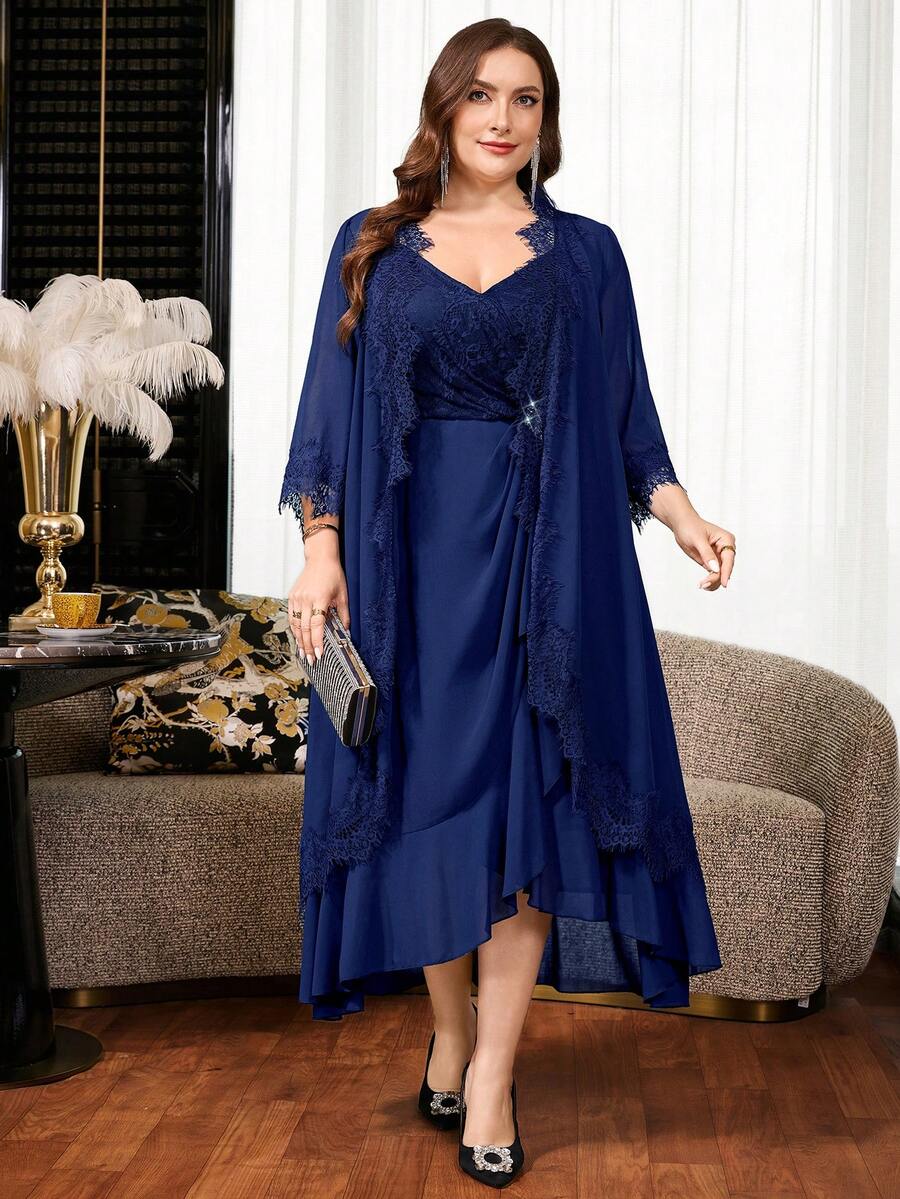 Reflora Plus Size Elegant Commuter Lace Patchwork Jacket Dress 2 Pieces Set Wedding Dinner Evening Navy Blue Autumn