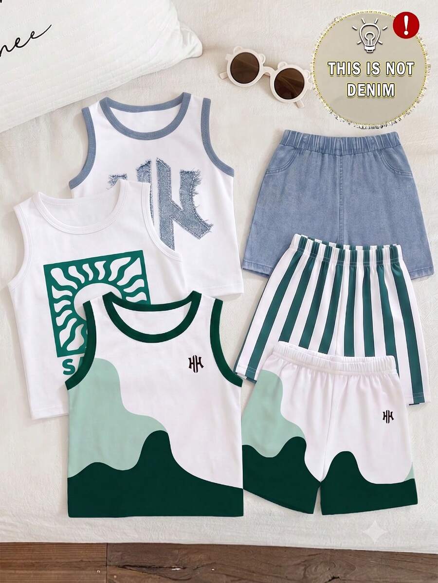 SHEIN Playful Pals 3 Set Pakaian Kasual Klasik Anak Laki-Laki Motif Denim Imitasi, Motif Matahari, Motif Patchwork Blok Warna, Atasan Tank Tanpa Lengan dan Celana Pendek Bermotif Senada, Cocok untuk Aktivitas Luar Ruangan - MultiWarna - View 1