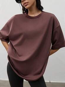MERLEAU-F Camiseta de manga corta de unicolor casual versátil para uso diario, salidas nocturnas, marrón oscuro, verano, oficina casual, atuendos de trabajo para mujeres - Óxido marrón - Ver 3