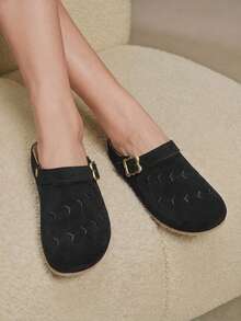 Solecia Women's Shoes Spring And Summer Versatile Wheat Ear Embroidery Adjustable Buckle Round Toe Flat Bottom Soft Suede Closed Toe Slippers Daily Travel - Black - View 9