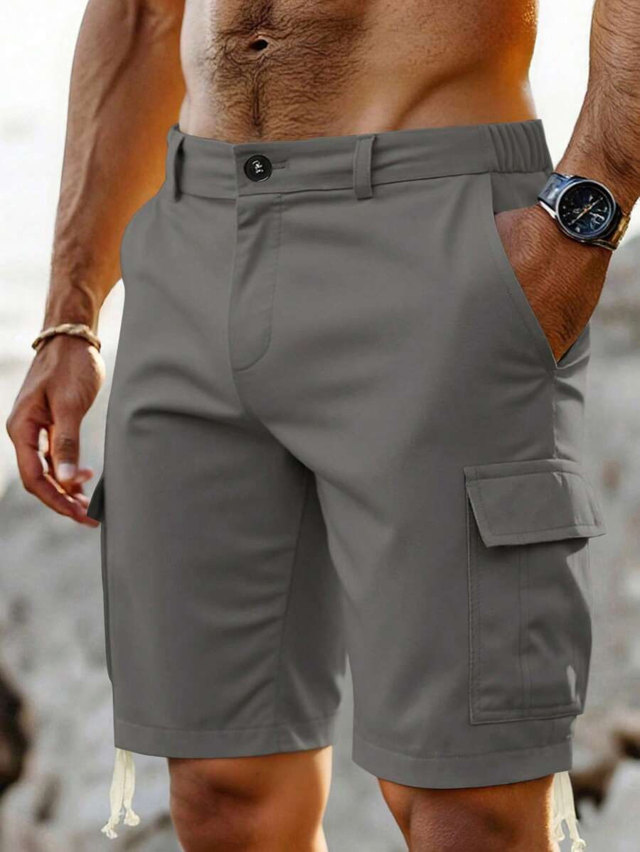 Manfinity Homme Men's Grey Cargo Shorts, Multi-Pocket Design, Drawstring Waist, Casual Versatile Fashion Shorts - Dark Grey - View 1