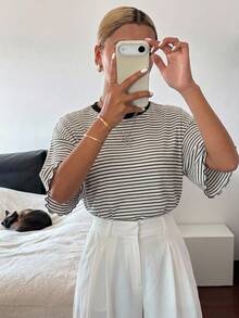 FRIFUL Women's Wavy Striped Loose Contrast Trim Short Sleeve T-Shirt, Summer Casual Wear - Black and White - View 5