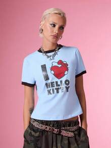 HELLO KITTY AND FRIENDS | COUREZ Short Sleeve Ringer Tee With Graphic / Y2K Top Graphic Tee Fall Short Sleeve Top Light Blue Top Winter For Women - Blue - View 2