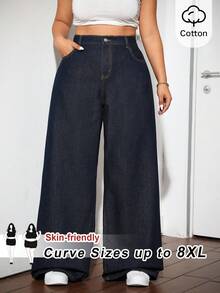 SHEIN CURVE+ 大尺碼女款極簡經典高腰純色牛仔長褲，適合通勤與日常穿著 - 藍色 - 查看 7
