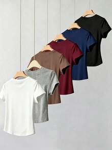 SHEIN 1件隨機發貨青少年女孩短版T恤，白色、黑色、灰色、酒紅、海軍藍、棕色，日常百搭四季穿搭 - 彩色 - 查看 2