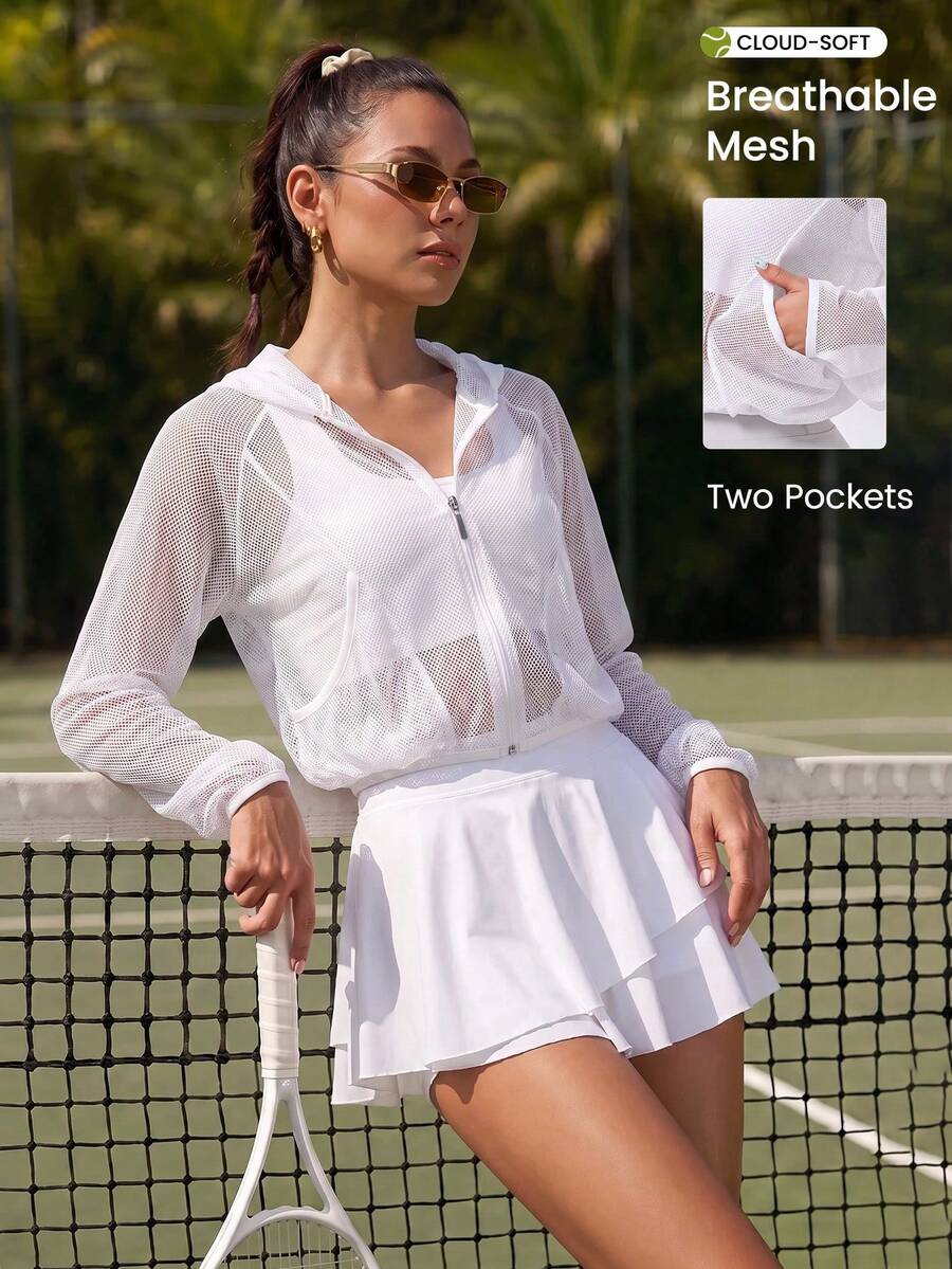 CourtClass CourtClass Áo khoác nỉ kéo khóa có mũ lưới xuyên thấu chống nắng màu trắng cho nữ, dáng rộng bo eo, phong cách fitness thể thao ngoài trời - trắng - Xem 1