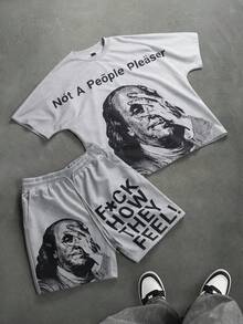 PAVTROS Men's Plus Size Slogan & Character Print Crew Neck T-Shirt And Drawstring Waist Shorts Casual Set - Grey - View 1