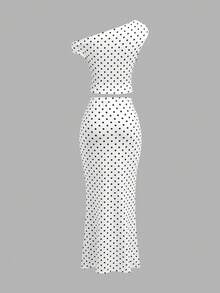 Firerie Kids Firerie Kids 少女时尚休闲黑白波点不对称领短袖修身T恤+鱼尾裙套装，适合海滩度假 - 黑與白 - 查看 3