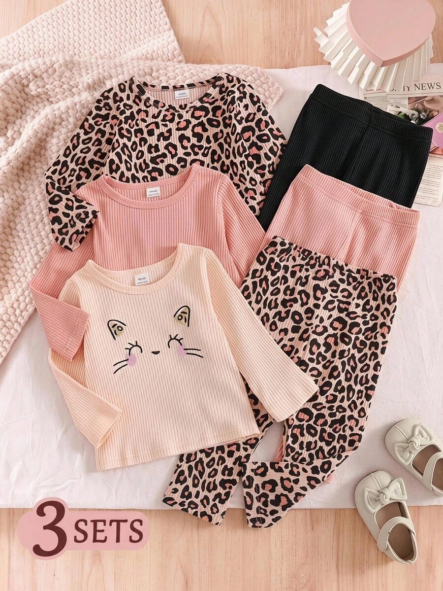 SHEIN Playful Pals 3套女嬰可愛Y2K豹紋豹貓圖案羅紋長袖柔軟舒適2件套上衣褲子套裝 春秋冬季款 - 彩色 - 查看 1