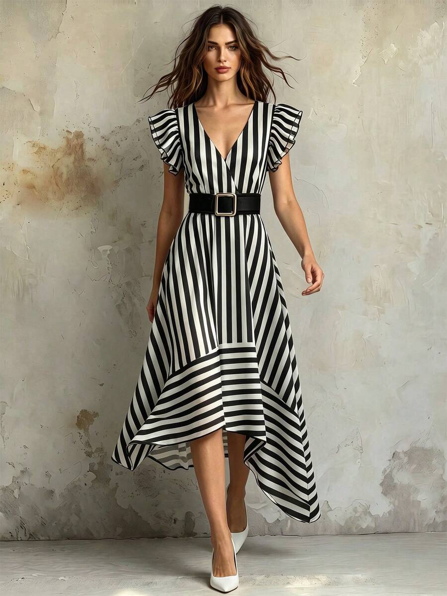 SHEIN Franclia 女款黑白格紋夏季優雅度假連衣裙，V領荷葉袖附腰帶，不對稱長款派對洋裝 - 黑色 - 查看 1