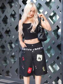 Street Life ROMWE X Capri Everitt 春夏圖案黑色龐克新中式書法虎紋動物街頭風女款細肩帶背心 - 黑色 - 查看 1