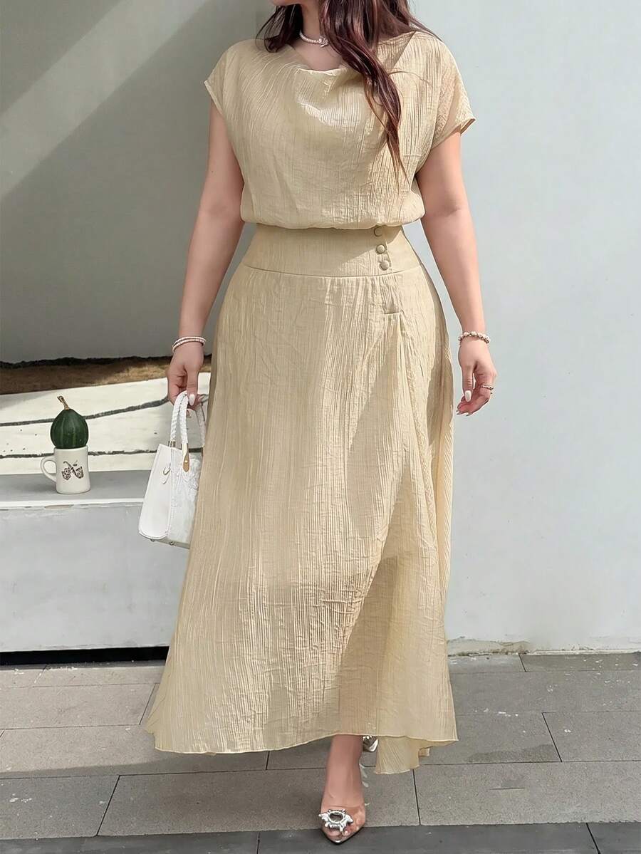 Feyla Plus Size Women Solid Color Short Sleeve Top And Skirt Casual Everyday 2-Piece Set - Khaki - View 1