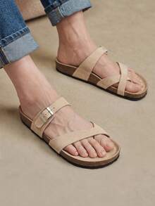 Solecia Women's Adjustable Buckle Casual Beach Slippers For Christmas Summer Shoes - apricot flannel - View 4