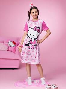 HELLO KITTY AND FRIENDS | SHEIN Tween Girl Cartoon Print Pink Cute Short Sleeve Nightgown, Summer - Pink - View 4
