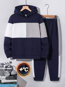 SHEIN 2pcs Set Teen Boys Patchwork Crew Neck Sweatshirt And Brown Drawstring Pants Set,Summer,Graduation - Multicolor - View 6