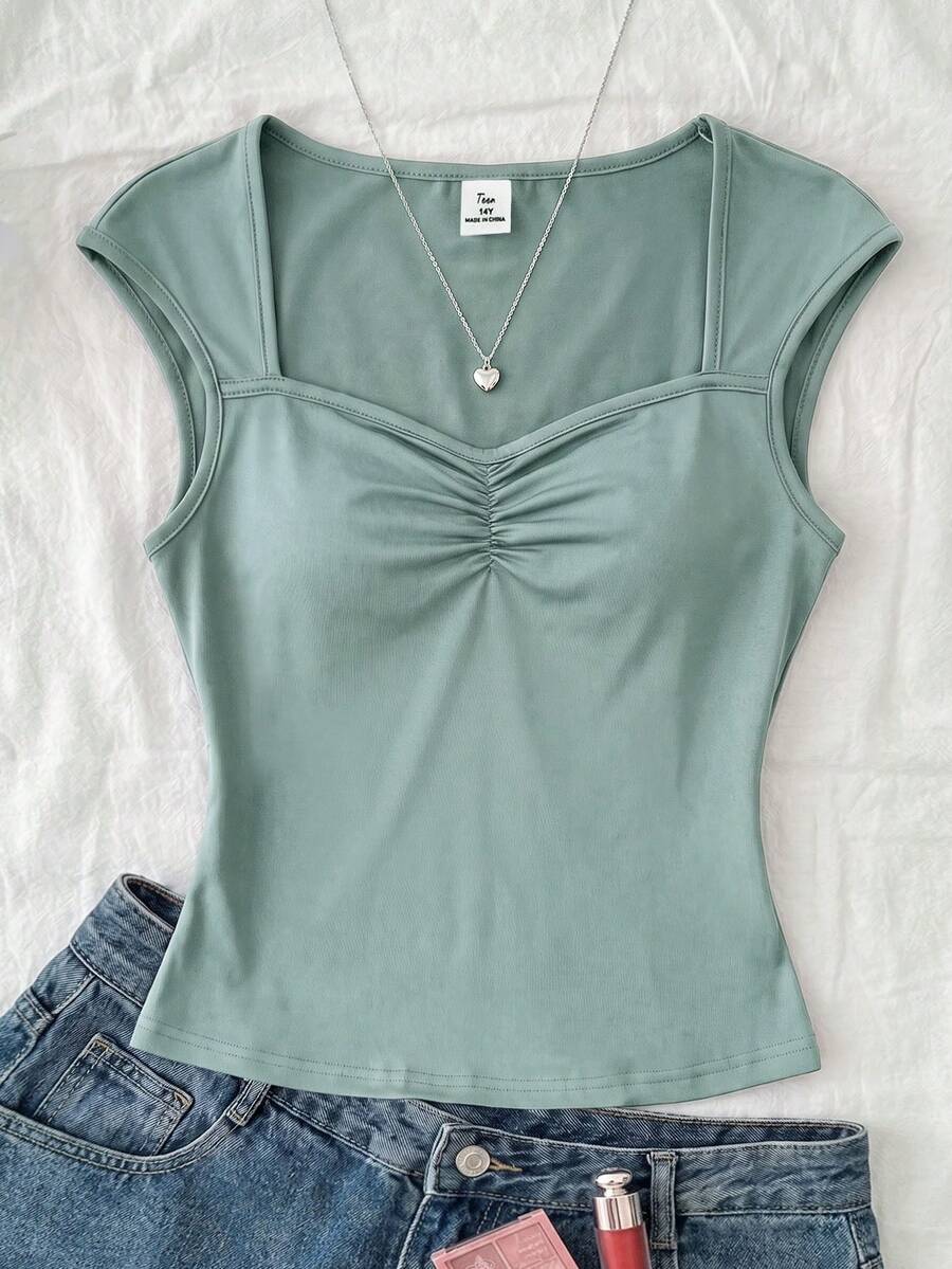 SHEIN 青少年女孩純色甜心領百褶休閒背心 - 薄荷綠 - 查看 1