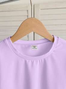 SHEIN Tween Girl Casual Solid Color Loose Crew Neck Rolled Cuff Cap Sleeve Cropped T-Shirt - Mauve Purple - View 5