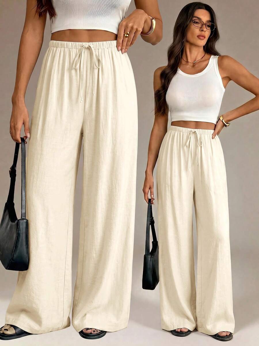 SHEIN Tall 春夏女款浪漫風/舞會/正式/生日/90年代風/商務休閒腰部繫帶長褲 - 卡其色 - 查看 1