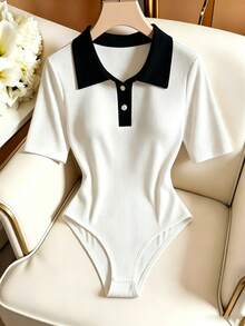 SHEIN Franclia 休闲连体衣、优雅连体衣、夏季连体衣、沙滩连体衣、度假连体衣、毕业季翻领短袖连体衣 - 白色 - 查看 3