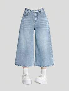 SHEIN Girlism 青少年女孩口袋寬腿鬆垮休閒百搭九分牛仔褲 - 淺色水洗藍 - 查看 1