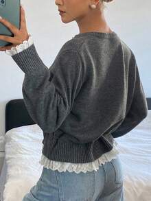 DAZY كارديجان نسائي محبوك بتصميم باتشورك ودانتيل مع رباط شد، فضفاض بأكمام طويلة وياقة دائرية، كاجوال للعطلات، للربيع والخريف - رمادي - مشاهدة 6
