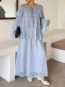 Dazy Plus Holiday Outfit Chiffon Round Neck Ruffle Blouse Casual Skirt 2 Pieces Set Spring Summer Autumn Wedding Guest Women Long Sleeve Tops - Dusty Blue - View 6