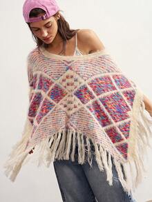 Bohemela Women's Plaid Asymmetric Neck Asymmetric Hem Shawl Sweater With Tassels Everyday Travel Beige Summer Boho - Multicolor - View 4