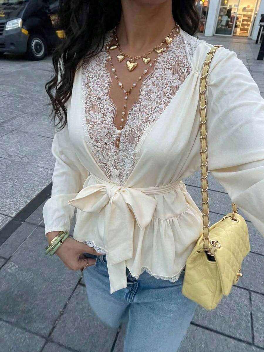 Serisse Women's Solid Color Contrast Lace Long Sleeve Waist Tie Elegant Blouse Dinner Date Date Night Beige Autumn