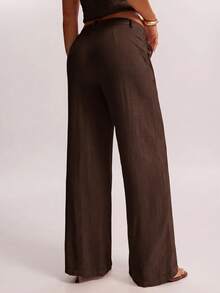 SHEIN BAE Celana Panjang Wanita Polos dengan Saku, Kasual, Serbaguna, untuk Perjalanan Sehari-hari - Coffee Brown - View 2