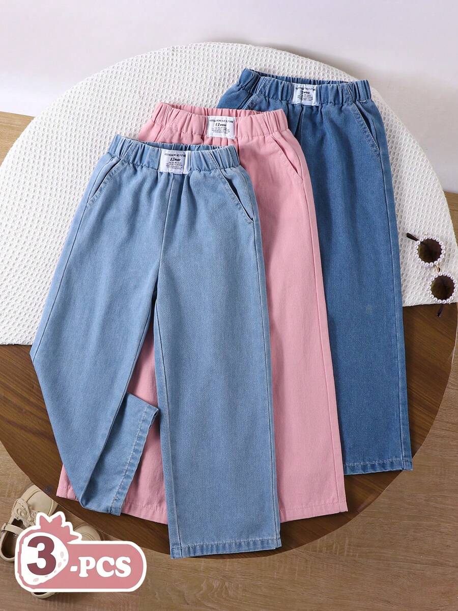 Genkimix Kids Girls' Wide Leg Denim Jeans, All-Season Casual Vintage Style, Light Blue, Medium Blue, Pink, Multicolor, Elastic Waist, Washed Process, Loose Fit