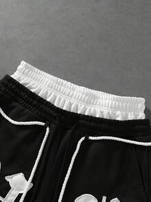 ROMWE MEN Casual Men's Letter Patch Embroidery Street Drawstring Waist Shorts - Black - View 5