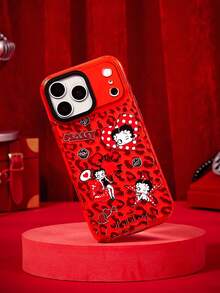 Betty Boop X Joivida 1件卡通圖案黑色透明亮片手機殼，相容 iPhone 13–17 系列 - 彩色 - 查看 1