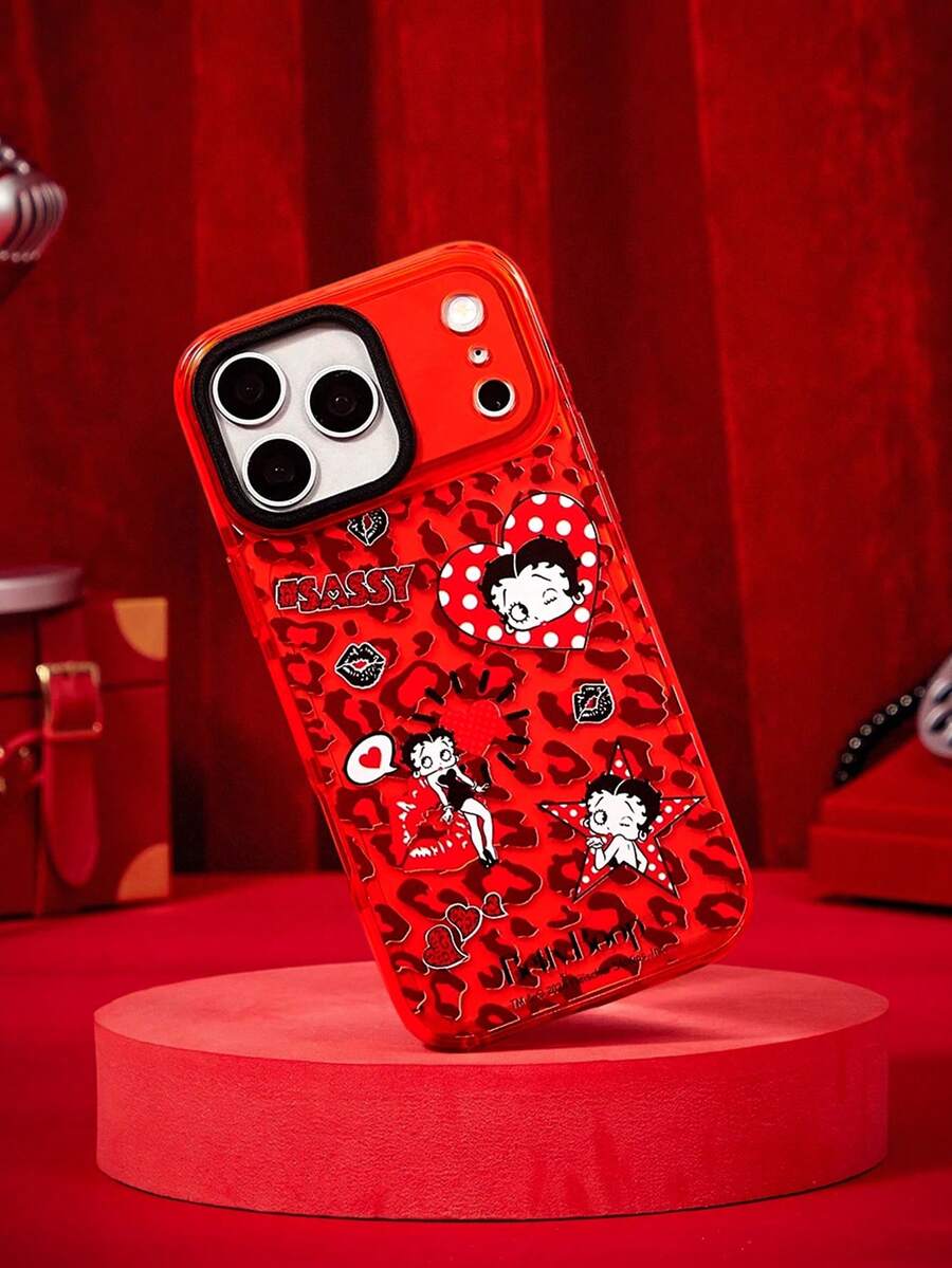 Betty Boop X Joivida 1件卡通圖案黑色透明亮片手機殼,相容 iPhone 13–17 系列 - 彩色 - 查看 1