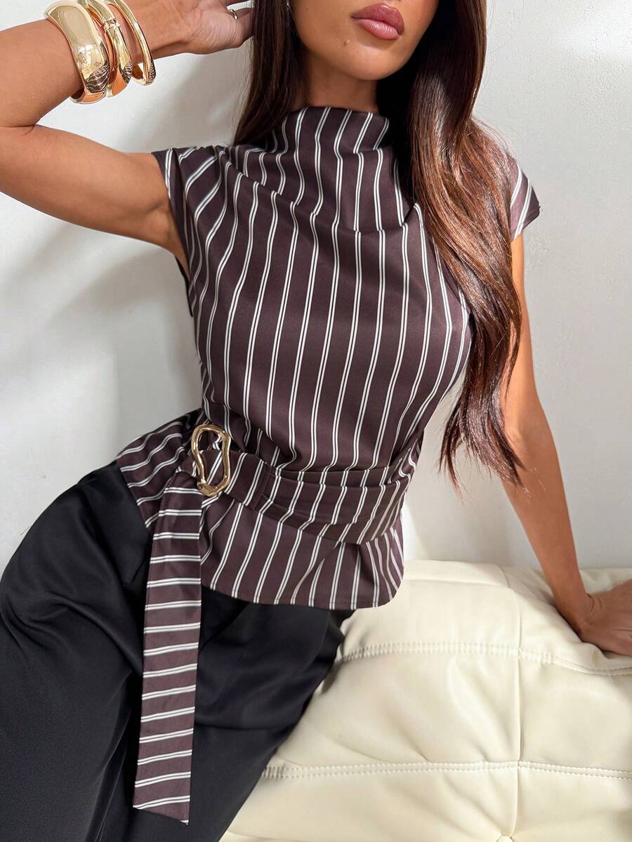 Aloruh 女款優雅通勤休閒外出辦公藍白條紋短袖襯衫,金屬鈕扣裝飾,教師風格,商務休閒 - 彩色 - 查看 1