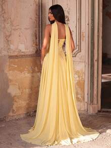 Glamrae Gaun A-Line Bustier Patchwork Manik-Manik Chiffon Kuning Elegan, Gaun Formal Modis untuk Tamu Pernikahan, Pesta Lajang & Makan Malam Formal - Kuning - View 3