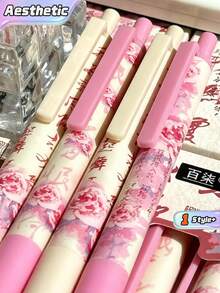 8pcs INS Chinese Style Rose Retractable Gel Pen, Soft Grip Posture Correction, 0.5mm Quick Dry Black Ink For Students Exams & Writing - multicolor - View 1
