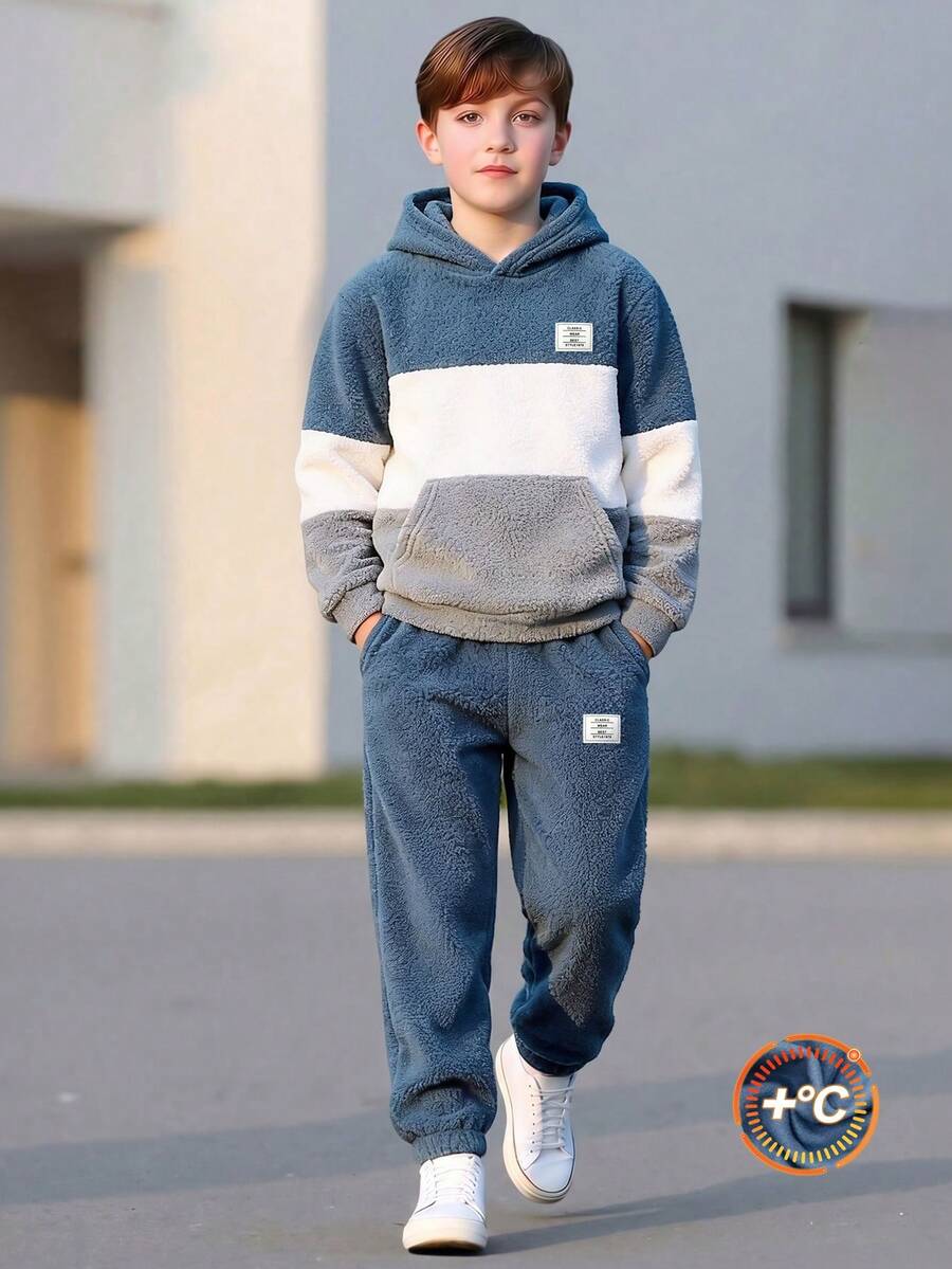 男童休閒雙面刷毛拼接撞色毛絨連帽衛衣與口袋運動褲 2 件套 - 藍色 - 查看 1