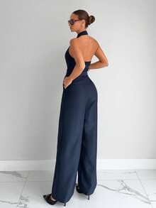 Siren Gaze Commuter Halter Jumpsuit For Women, Navy Blue Romper Elegant Chic Summer - Navy Blue - View 2