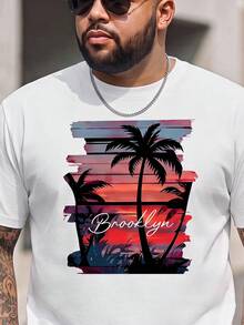 Sorvial Plus Size Men's T-Shirt Set, Sunset Coconut Tree Holiday Pattern - Multicolor - View 3