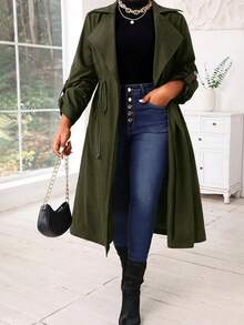 SHEIN Lady Jaket Trench Coat Wanita Warna Polos Berlipit, Modis, Serbaguna, untuk Aktivitas Sehari-hari, Kasual, dan Kasual. - Dark Green - View 1