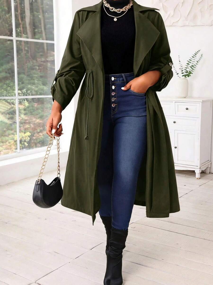 SHEIN Lady Jaket Trench Coat Wanita Warna Polos Berlipit, Modis, Serbaguna, untuk Aktivitas Sehari-hari, Kasual, dan Kasual. - Dark Green - View 1