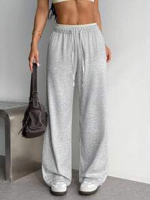 Dewbera Dewbera Women's Solid Color Drawstring Waist Casual Versatile Daily Travel Sportswear Daily Wear Long Pants - Light Grey - View 1