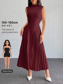 SHEIN PETITE 女款優雅百褶修身A字洋裝 - 酒紅色 - 查看 9
