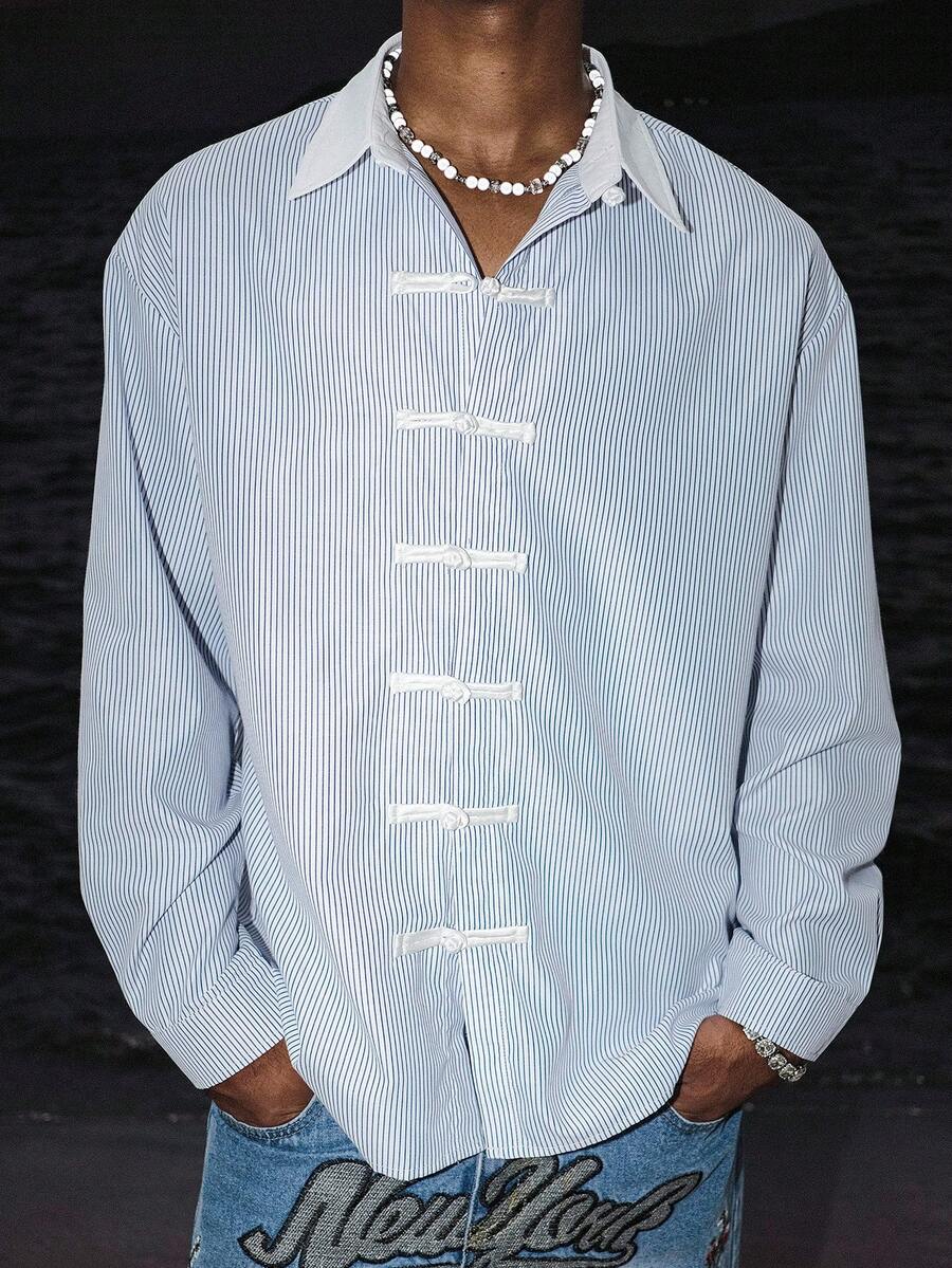 STEELVANCE Men's Casual Chinese Style Frog Button Contrast Color Striped Shirt - Blue and White - View 1