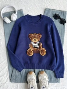 SHEIN 青少年女孩毛衣，3D毛巾刺繡圓領純藍套頭衫，柔軟針織卡通熊條紋毛衣，簡約可愛長袖上衣，適合秋冬居家、外出、派對、拍照與玩耍 - 藏蓝色 - 查看 11