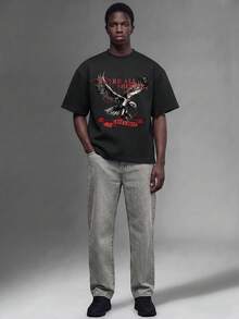 Salvezio American Vintage Western Raptor Falcon Fashion Print Men's Black Standard Size Cropped Loose Fit Short Sleeve T-Shirt - Black - View 7