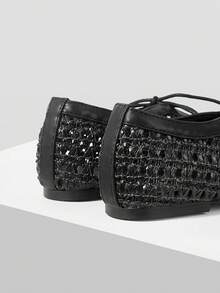 Mnmlis Women Black Flats With Lace-Up Detail Weave Hollow Out Design Round Toe Casual Ballet Shoes - Black - View 4